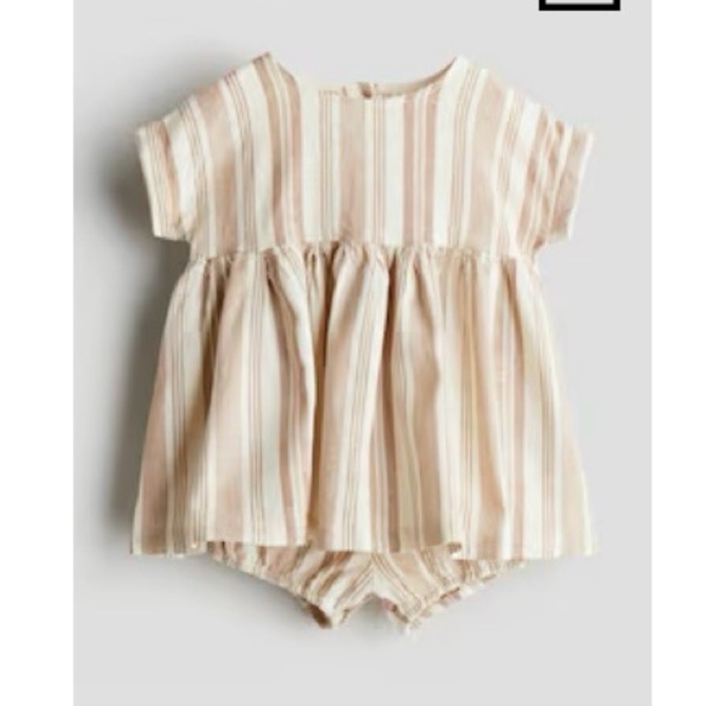 H&M Brown and Cream Striped Linen Blend Dress Set Baby Newborn